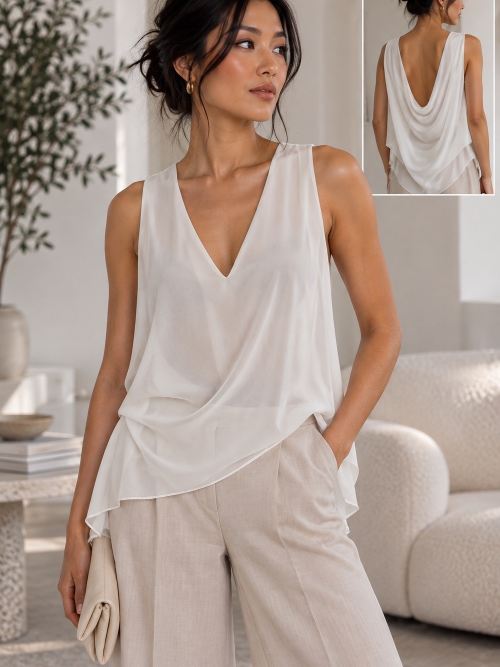 🍥MAKE OFFER🍥 BCBGMaxAzria White Ivory Draped V Neck Sleeveless Silky Small
